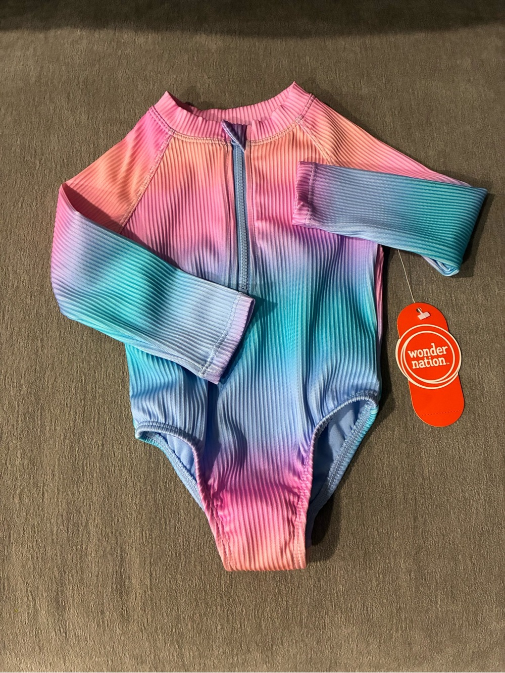 Wonder Nation Pink, Aqua and Blue Ombre Ribbed Long-Sleeve One-Piece Swimsuit